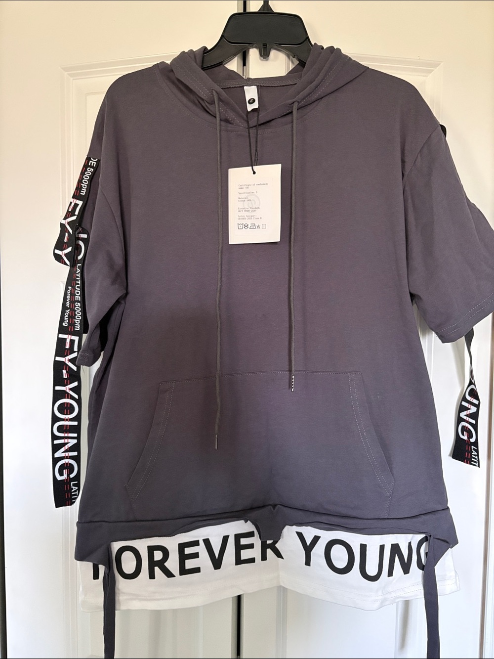 Forever Young Short Sleeve Hoodie Tee in Dusty Purple with White Trim